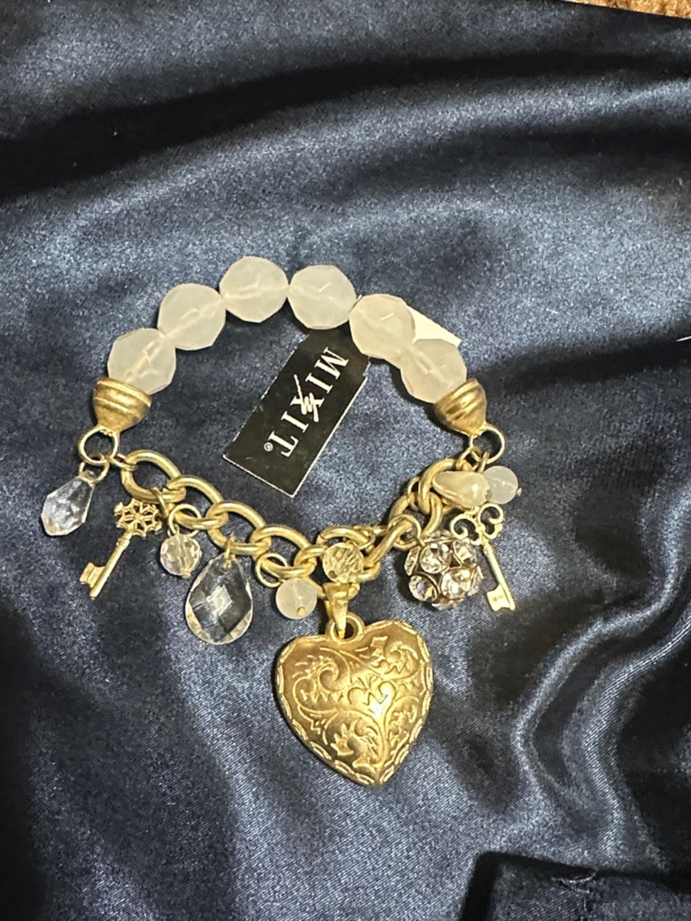 Mixit Gold Heart Charm Bracelet with Frosted White Beads
